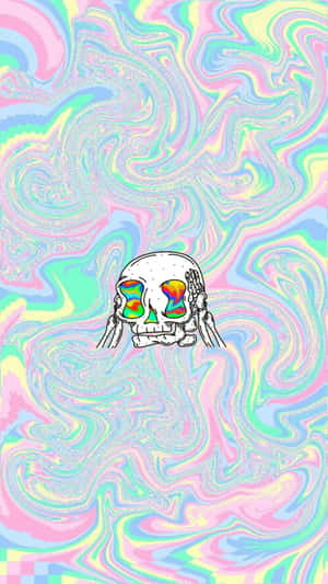一個卡通頭骨，在旋轉的柔和背景上有彩虹眼睛。 — 彩虹美學 壁紙
