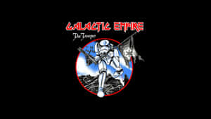 風暴兵手持爆能槍和帝國旗幟，在圓形徽章中帶有文字 Galactic Empire The Trooper。 — Astroworld GIF 壁紙
