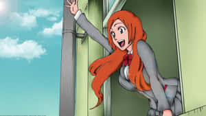 橙色頭髮的動漫女孩從窗戶望向晴朗的天空。 — 可愛動漫頭像gif 壁紙