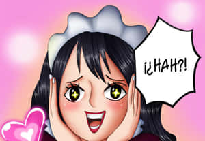 眼睛發光、戴著白色蝴蝶結的動漫女孩，雙手放在臉頰上驚呼「¡Hah?!」。 — BB GIF 壁紙