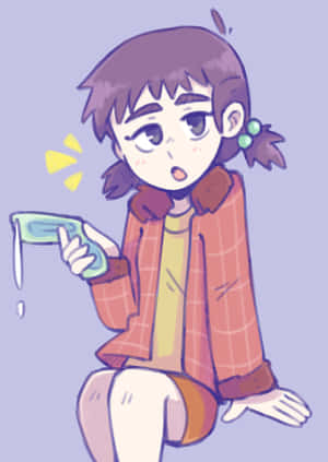 穿著格仔外套的動漫女孩看著綠色瓶子滴下液體，表情震驚。 — iPad 第10代 壁紙