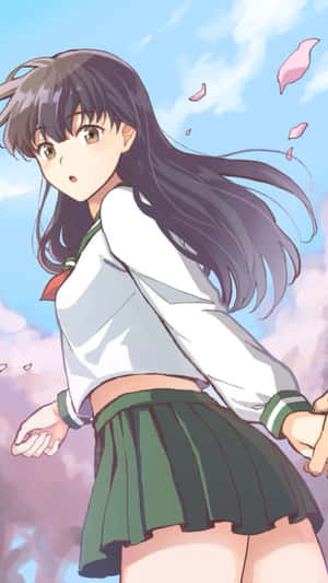 穿校服的動漫女孩被飄落的櫻花嚇了一跳。 — 火之神神樂 壁紙