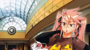 粉紅髮動漫女孩戴著眼鏡，在玻璃圓頂車站抱著一隻白狗。 — 暗殺教室 壁紙