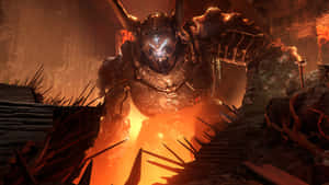 遊戲惡魔在燃燒的廢墟中，眼睛發光，環境鋸齒狀。 — 5120x2880 壁紙