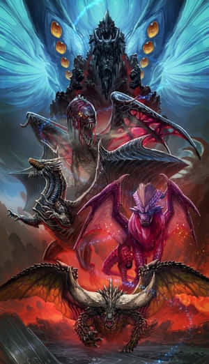 四條怪獸般的龍和一個惡魔領主在熾熱的地獄天空中戰鬥。 — 魔物獵人 壁紙
