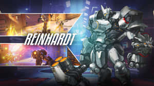 遊戲英雄萊因哈特全副武裝，手持巨大武器。 — 鬥陣特攻 GIF 壁紙