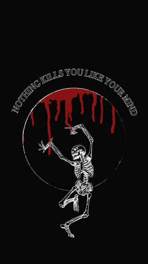 一個跳舞的骷髏在滴落的紅色文字下方，文字寫著「Nothing kills you like your mind」。 — 抽象藝術 壁紙