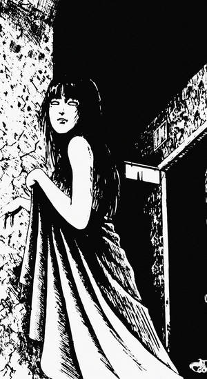 動漫女孩穿著飄逸連衣裙靠在黑暗小巷中有紋理的牆上 — 漫畫 壁紙