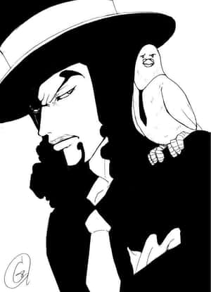 戴軟呢帽的男子，肩上棲著脾氣暴躁的鳥，黑白動漫風格。 — 星蝶公主 壁紙