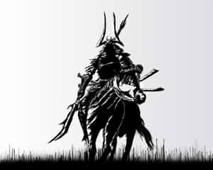 騎在馬上的武士手持多把劍，呈現鮮明的黑白插圖。 — 武士 壁紙