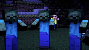 Minecraft玩家喺黑暗洞穴環境入面面對三隻喪屍。 — 我的世界 壁紙