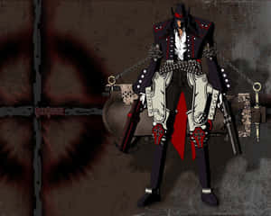 動漫角色 Gungrave 身穿黑紅服裝，手持帶鎖鏈的槍支。 — 5:4 壁紙