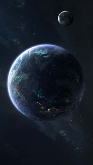 發光城市和星空中的月亮的星球 — 行星 壁紙