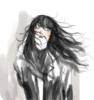 黑白素描風格中，長髮閉眼的動漫女孩。 — 彌海砂 GIF 壁紙