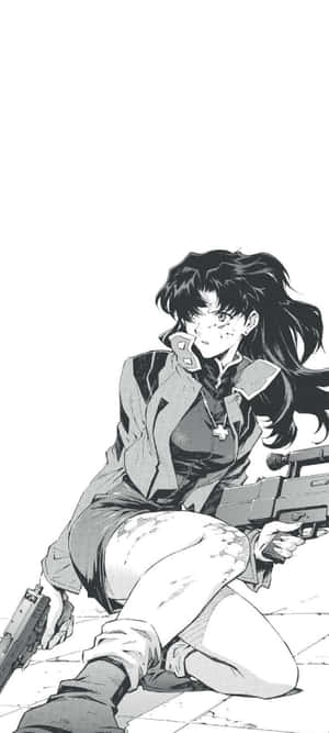 黑白插圖中，動畫女孩跪著手持兩把槍。 — 新世紀福音戰士 GIF 壁紙