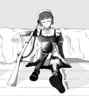穿著女僕裝的動畫女孩睡著，步槍放在身旁。 — Meme 表情 壁紙