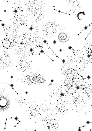 黑白宇宙插圖，包含星星、星座、星系和彎月。 — 月色夜空 壁紙