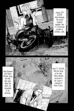 漫畫格顯示摩托車事故和一個男人在醫院與家人一起去世。 — 死亡動畫 壁紙