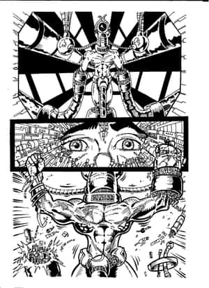 一個機械人形籠罩在一個孩子驚恐的臉上，同時一個肌肉男從機械束縛中掙脫。 — Kindle 壁紙