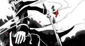 動漫角色以黑白藝術風格揮劍並帶有血跡飛濺。 — 武士 壁紙