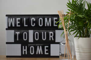 燈箱上寫著welcome to our home，旁邊有植物和玻璃花瓶。 — MacBook Pro M2 壁紙