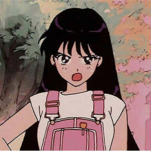 穿著粉紅色吊帶褲的動漫女孩在櫻花下露出驚訝的表情。 — 火星 GIF 壁紙