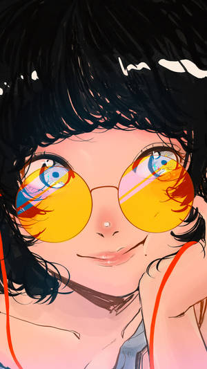 黑髮戴黃色太陽眼鏡的動漫女孩微笑著將下巴擱在手上。 — 美學 iPhone 壁紙