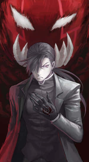 穿著灰色西裝的動漫男子，身後有紅色惡魔面孔。 — 錢 壁紙