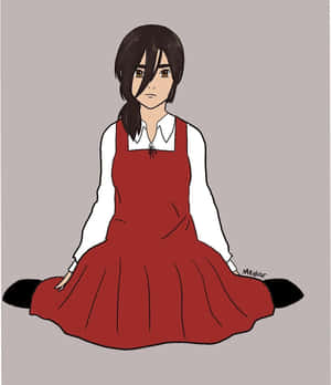 穿著紅色連衣裙的動漫女孩在灰色背景上盤腿而坐 — Apple Watch 壁紙