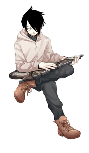 穿著連帽衫的動漫男孩彈奏未來風格的結他 — Galaxy Tab A 壁紙