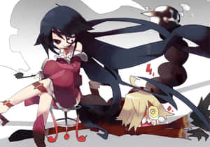 黑髮紅衣的動漫女孩坐在單眼金髮戰敗角色上。 — 中性 壁紙