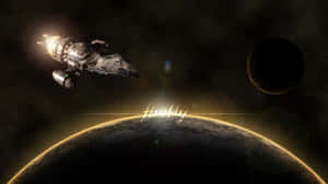 太空船在太空中靠近一顆發光的行星和黑暗的衛星飛行。