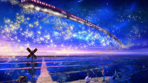 兩個人看著一列發光的火車在藍色田野上方的星空中彎曲行駛。 — 靚靚動畫 壁紙