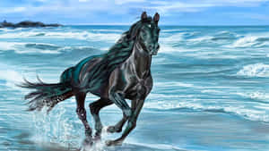 黑馬在陽光明媚的海灘上奔騰於海浪中。