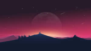 暮色中，山丘上狼的剪影，襯著大月亮和星星。 — 抽象藝術 壁紙