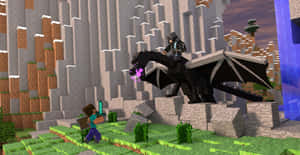 兩名Minecraft玩家在夜間的懸崖上對抗噴出紫色火焰的黑龍。 — 最佳 Minecraft 壁紙