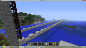 玩家在Minecraft中建造石橋橫跨海洋通往森林島嶼。 — 我的世界 壁紙