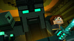 Minecraft玩家手持發光劍在黑暗地牢中對抗石魔像。 — 我的世界 壁紙