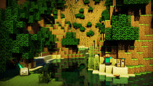 Minecraft玩家在河流附近，周圍有方塊狀像素藝術風格的樹木和山丘。 — 我的世界 壁紙