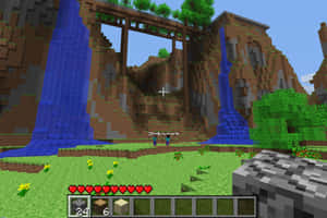 Minecraft玩家面對石頭廢墟，有藍色瀑布和綠色草地。