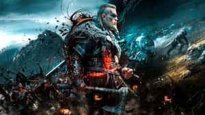 維京戰士在混亂戰場中，手持發光盔甲和斧頭作戰。 — PlayStation GIF 壁紙