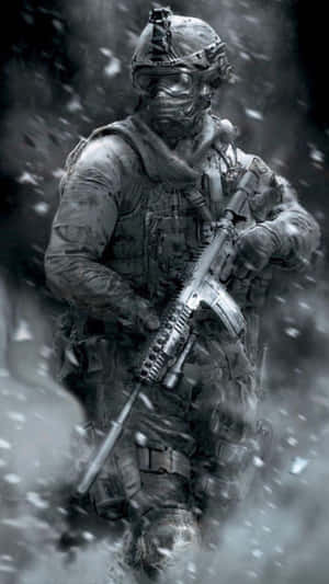 一名穿著冬季裝備的士兵在暴風雪中手持步槍。 — 使命召喚 壁紙