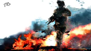士兵在戰場的火焰和煙霧中行走。 — 使命召喚：現代戰爭 壁紙