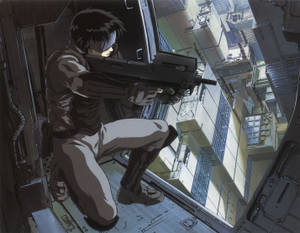 黃昏時分，士兵從直升機上瞄準城市建築物。 — 攻殼機動隊 GIF 壁紙