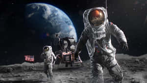 月球上的太空人，背景是地球和一面美國國旗。 — 外太空 壁紙