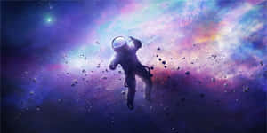 太空人漂浮在色彩繽紛的星雲中，伴隨著漂浮的小行星