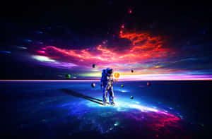 太空人站在發光的行星上，下方是帶有浮游行星的彩色星雲。