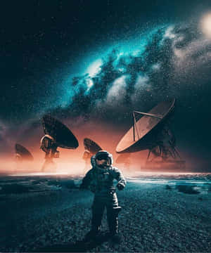 一名孤獨的太空人站在發光星雲下的衛星天線之間，身處外星世界。 — Apple Watch Ultra 壁紙