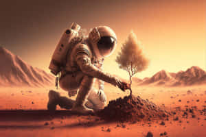 太空人在紅色行星上種樹，背景有山脈。 — 火星 GIF 壁紙