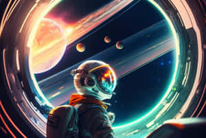 太空人從太空船內部看到色彩繽紛的外星行星和衛星。 — 火星 GIF 壁紙